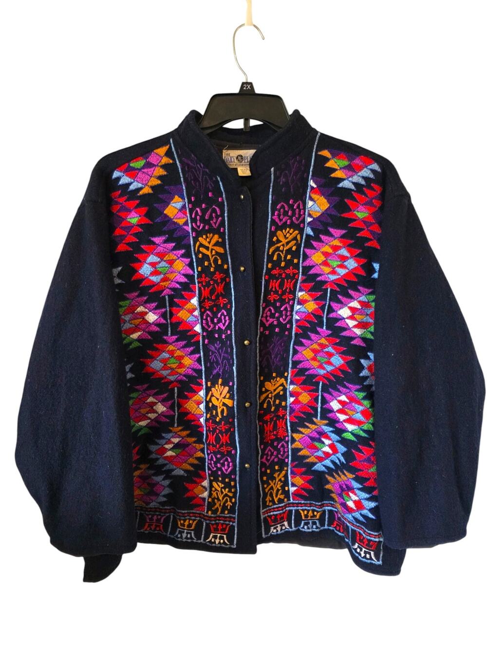 The Daily Planet Womens Colorful Embroidered Wool Coat  Size XL Navy Blue
